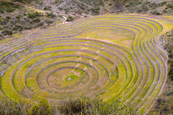 Ősi inka körkörös mezőgazdasági teraszokra Moray tanulmányozására a különböző éghajlati viszonyok hatása növények. - Fotó, kép