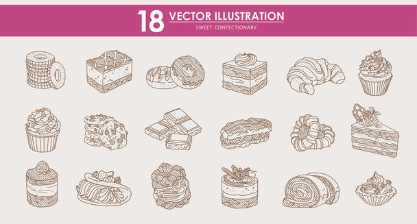 Alimentos - HAND-DRAWN vector illustrations set - Pasteles de alimentos dulces
 - Vector, imagen