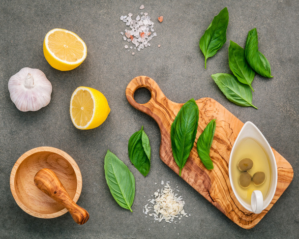 The ingredients for homemade pesto sauce : basil, parmesan chees - Photo, Image