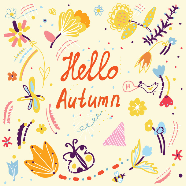 Lustige Herbstkarte mit Blumenmuster und Vögeln  - Vektor, Bild