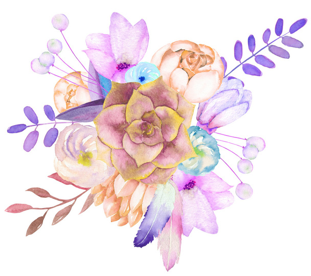 A decorative bouquet with the watercolor floral elements: flowers, leaves, succulent, feathers and branches - Fotó, kép