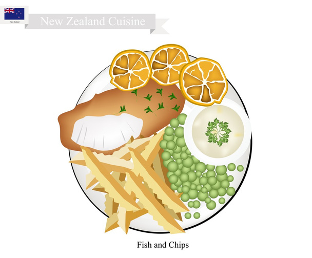 Pescado y patatas fritas, un plato popular de Nueva Zelanda
 - Vector, imagen