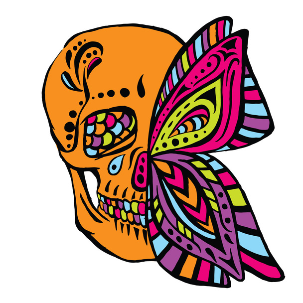 Skull and butterfly wing. Colorful doodle. Vector illustration for greeting card, poster, or print on clothes. - Vector, Image