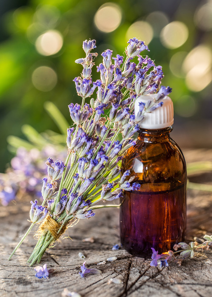 Stelletje lavandula of lavendel bloemen en olie fles zijn op de - Foto, afbeelding