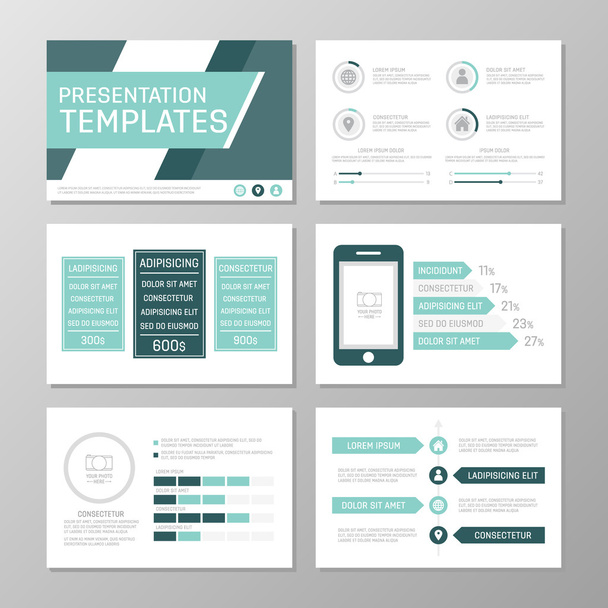Set of turquoise template for multipurpose presentation slides with graphs and charts. Leaflet, annual report, book cover design. - Vector, Image