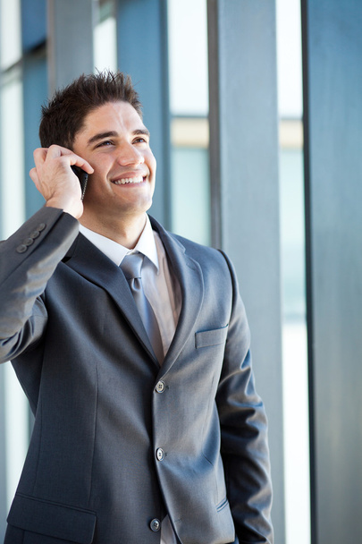 Happy young businessman talking on mobile phone - Foto, imagen