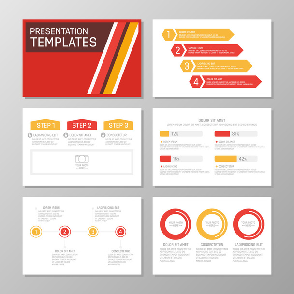 Σύνολο πορτοκαλί και κόκκινο πρότυπο για πολλαπλών χρήσεων παρουσίαση διαφάνειες με γραφικά και γραφήματα. Ετήσια έκθεση, ενημερωτικό φυλλάδιο, βιβλίο σχέδιο του εξωφύλλου. - Διάνυσμα, εικόνα