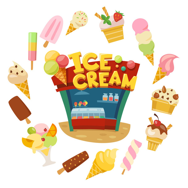 Ice cream shop with ice creams - Wektor, obraz
