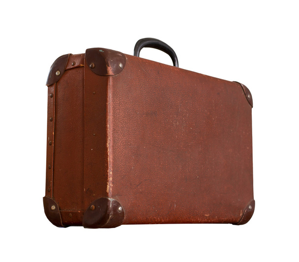 Isolated Old Vintage Dusty Brown Suitcase on a white background - 写真・画像
