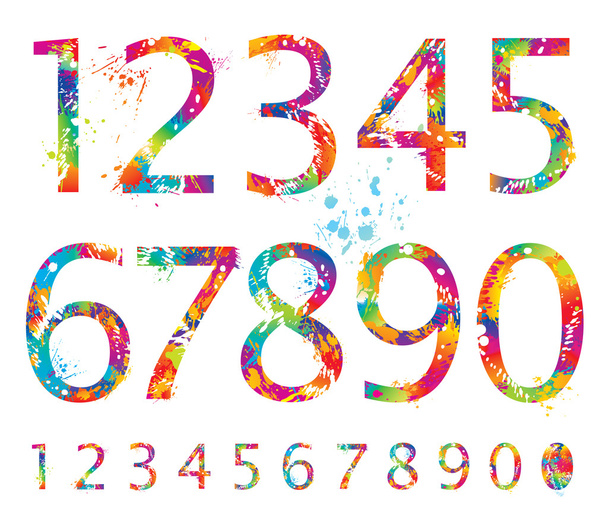 γραμματοσειράς - πολύχρωμο αριθμούς με σταγόνες και πιτσιλιές από 0 έως 9 - Διάνυσμα, εικόνα