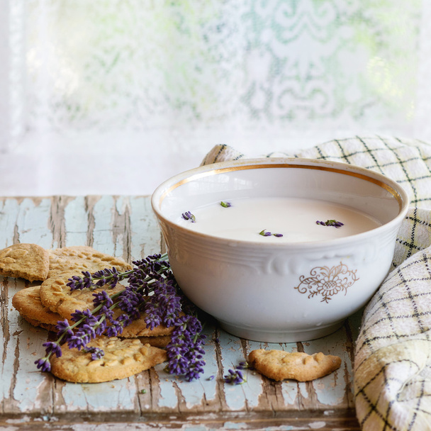 Lavender cookies with milk - Photo, Image