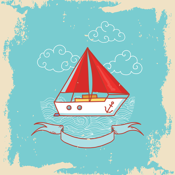 Greeting card with a sailing ship in doodle style - Διάνυσμα, εικόνα