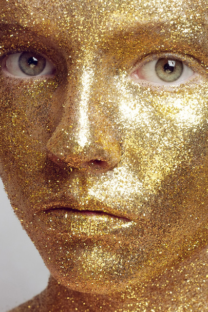 Magic Girl Portrait in Gold. Golden Makeup - 写真・画像