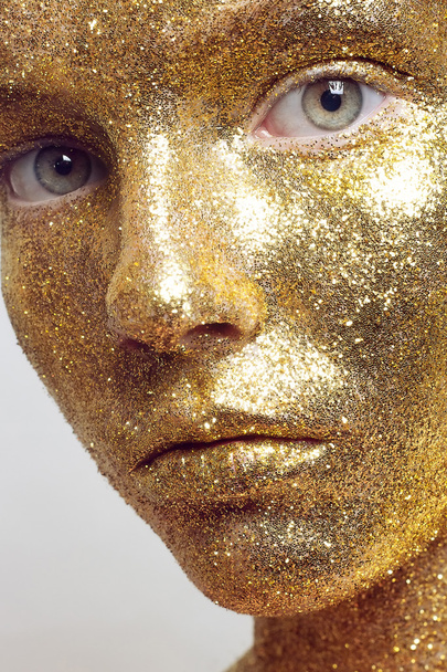 Magic Girl Portrait in Gold. Golden Makeup - Φωτογραφία, εικόνα