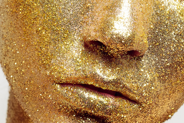 Magic Girl Portrait in Gold. Golden Makeup - Foto, Imagem