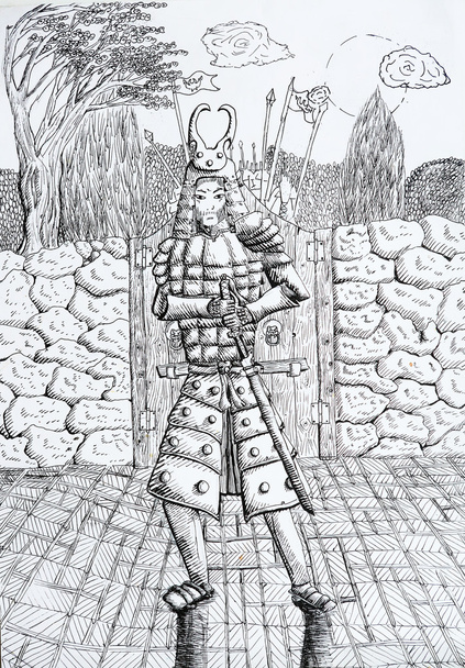 Samurai-Zeichnung mit Mauer Tor Mondbäumen - Foto, Bild