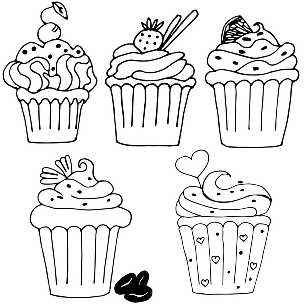cake, cupcake drawn in outline isolated on white background - Vetor, Imagem