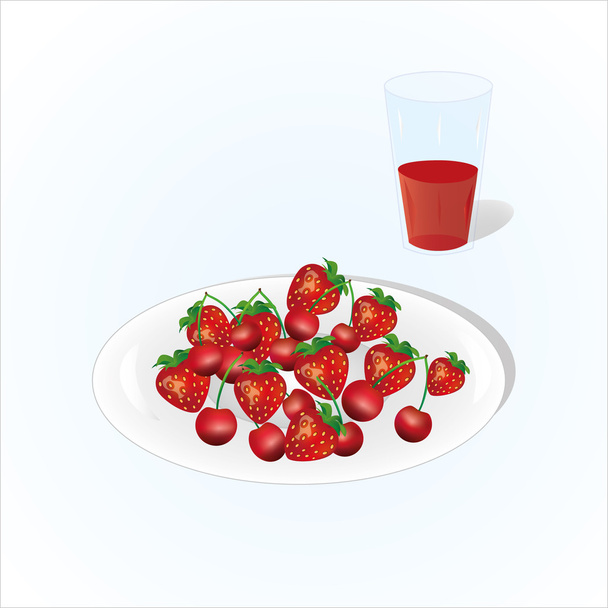 Cseresznye és eper tányér, pohár gyümölcslével, szőlő, gyümölccsel, világos háttérrel - Vektor, kép