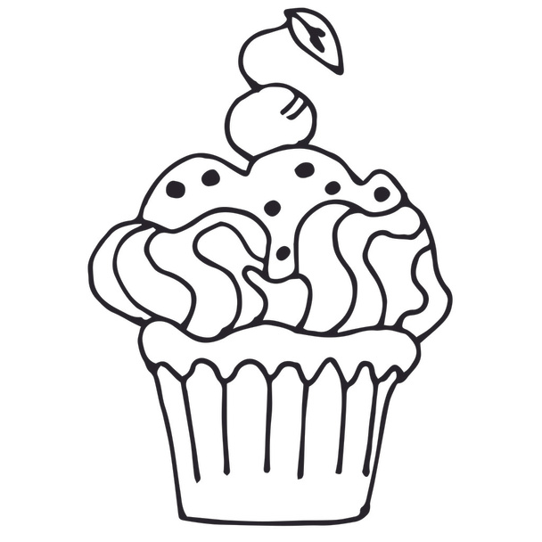 cake with cherrie, cupcake drawn in outline isolated on white ba - Vetor, Imagem