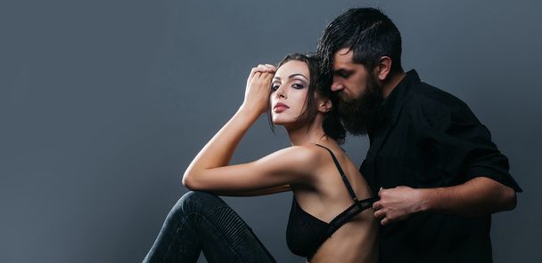 sexy couple of woman and bearded man - Zdjęcie, obraz