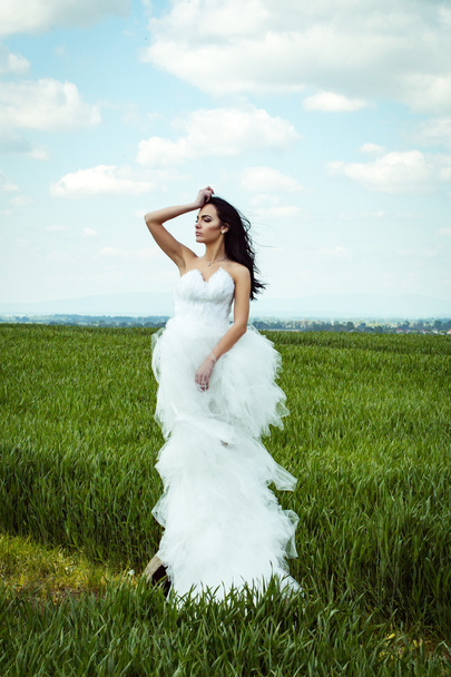 pretty wedding girl on green grass and sky - Foto, Imagem