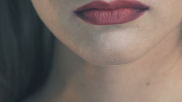 Macro closeup of sexy claret lips. Slow motion - Footage, Video