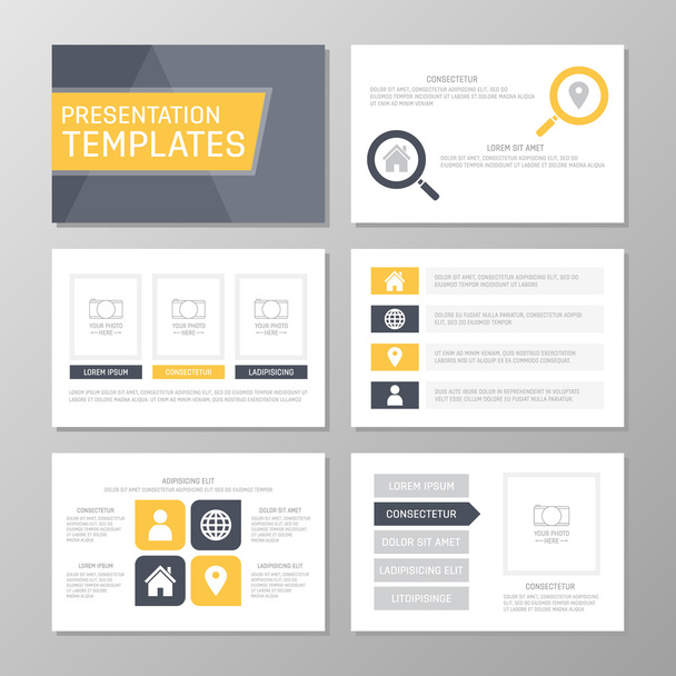 Set of gray and yellow template for multipurpose presentation slides. Leaflet, annual report, book cover design. - Vector, Image