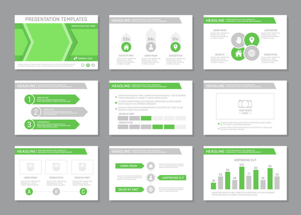 多目的プレゼンテーション ・ スライドのための緑のテンプレートのセットです。リーフレット、年次報告書、書籍カバー デザイン. - ベクター画像