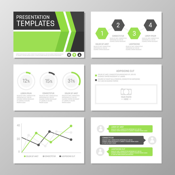 Набор зеленого и серого шаблонов для многофункциональных слайдов презентаций. Листовка, годовой отчет, дизайн обложки книги
. - Вектор,изображение