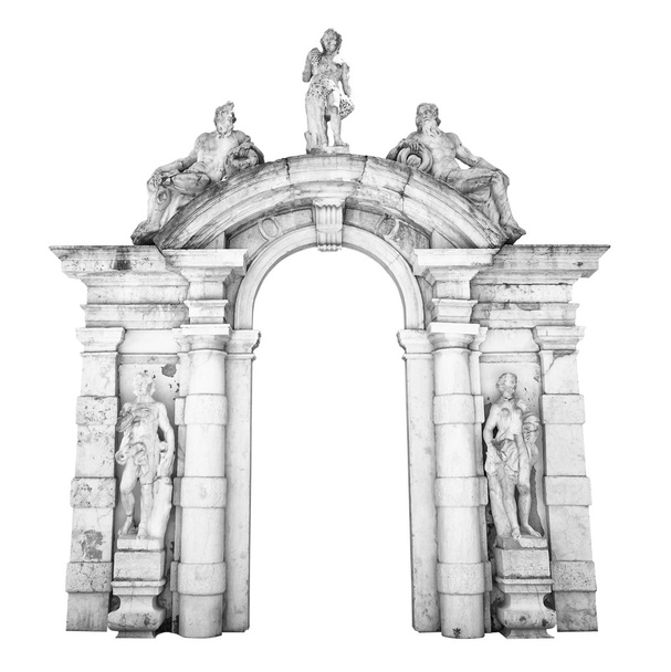 フレームや境界線として適切な彫像と白い石入口. - 写真・画像