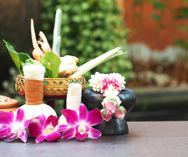 Natuurlijke Spa ingrediënten kruiden comprimeren bal en kruiden ingrediënten voor alternatieve geneeskunde en ontspanning Thai Spa thema met zijde stof, Thailand, selecteer focus - Foto, afbeelding
