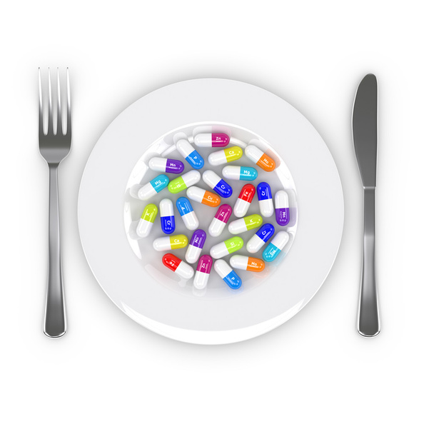 3d rendering of dietary supplements on plate isolated over white - Φωτογραφία, εικόνα