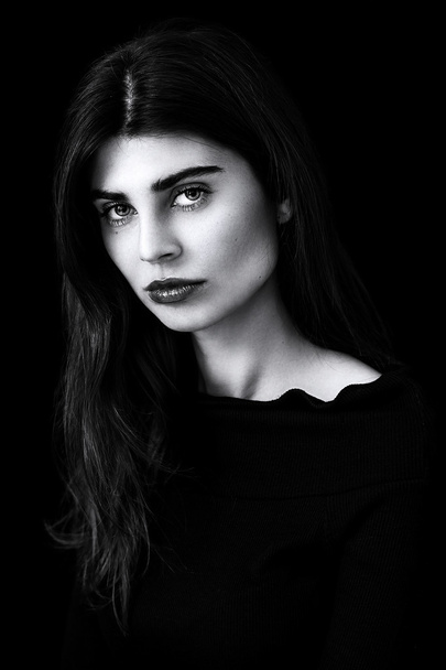 Beautiful woman with gorgeous eyes black and white portrait - Zdjęcie, obraz