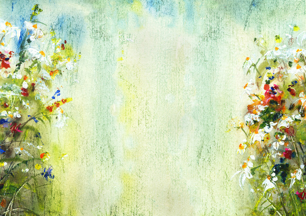 Flower still life with daisies, artistic background watercolor - Photo, Image