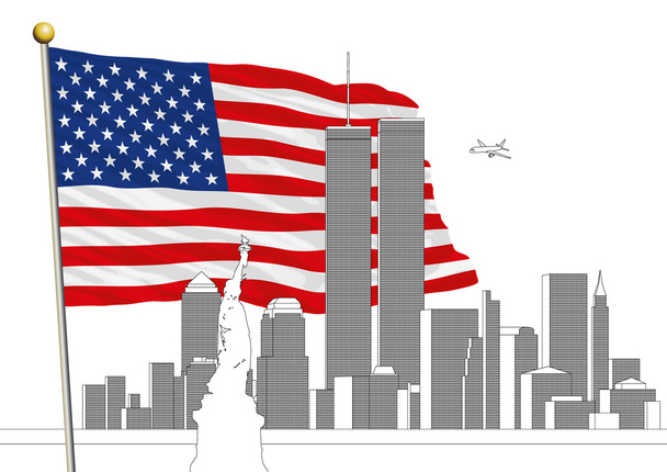 WTC, στους δίδυμους πύργους και μας σημαία, έντεκα Σεπτεμβρίου μνημόσυνο - Διάνυσμα, εικόνα