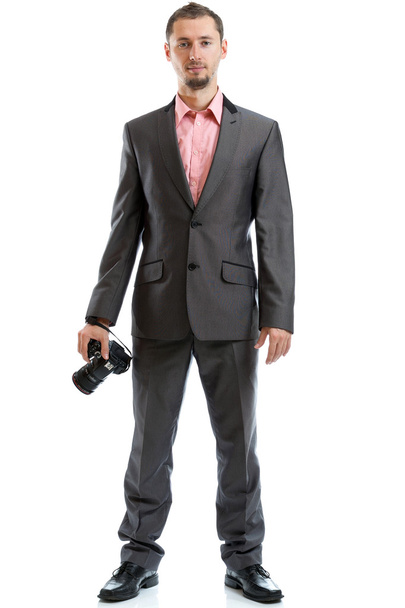 Tam uzunlukta takım elbise kravat fotoğrafçı ile fotoğraf makinesi - Fotoğraf, Görsel
