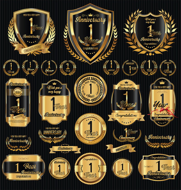 Anniversary golden shields laurel wreaths and badges collection - Διάνυσμα, εικόνα
