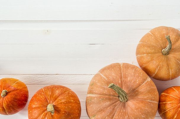 Background with several pumpkins on white wooden boards. Space f - Фото, зображення