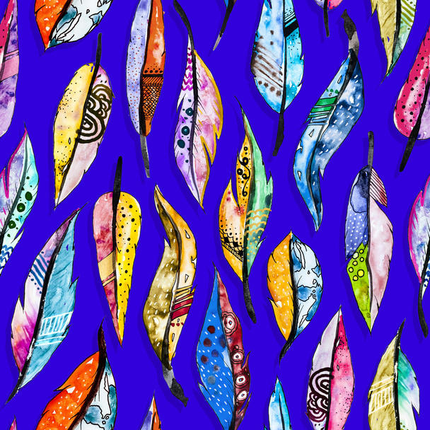 Watercolor feathers seamless pattern - Foto, imagen