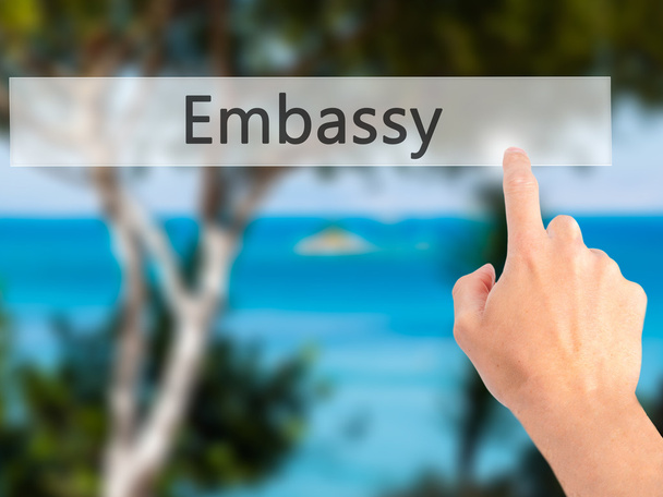 Embassy - El bulanık arka plan kavramı o bir düğmeye basarak - Fotoğraf, Görsel