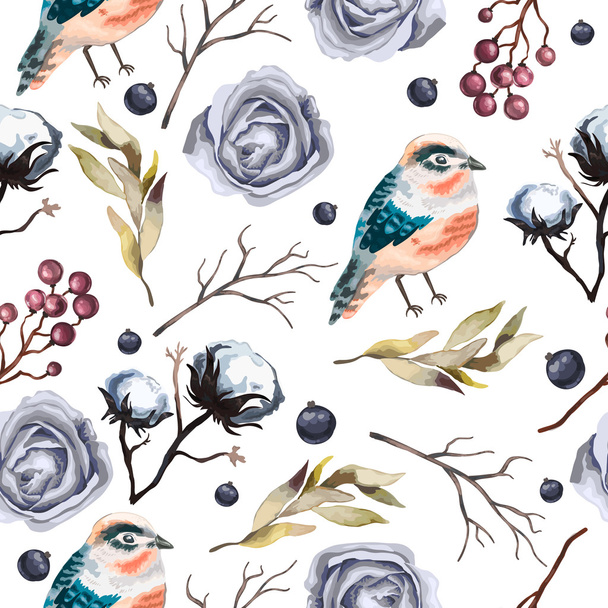 Seamless vector pattern with flowers , branches, cotton, bird - Vector, Image