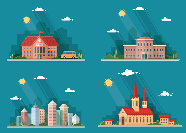 Set di icone della vita urbana. Scuola, chiesa, università, città. F I
 - Vettoriali, immagini