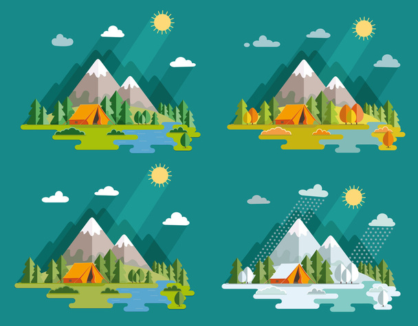 Seasons landscape set. Solitude in nature by the river. Weekend  - Vector, Image