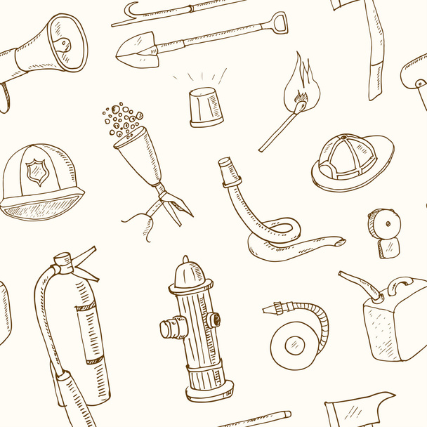 Doodle fire fighting tools seamless pattern Vintage illustration - Vector, afbeelding