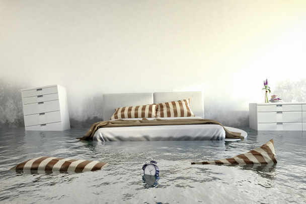 3D render - su damager - yatak odası - Fotoğraf, Görsel