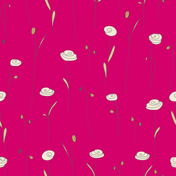 Seamless pattern with flowers. Bright pink background with stylized doodle roses. Elegant template for fashion prints. Vector illustration. Cute vintage floral backdrop for summer or spring design - Vetor, Imagem