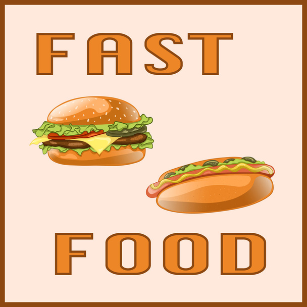 Fast food set for Menu Card, poster, brochure, web, mobile application. Colorful cartoon icons with fast food meal isolated on light background. Banner with hamburger and hot dog. Vector Illustration. - Vecteur, image