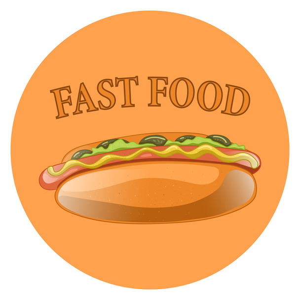 Hot Dog Cartoon Illustration. Classic american fast food - sausage with mustard in a bun. Hotdog sandwich. Vector isolated icon of hot-dog for poster, menus, brochure, web and mobile application. - Διάνυσμα, εικόνα