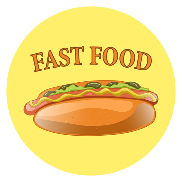 Hot Dog Cartoon Illustration. Classic american fast food - sausage with mustard in a bun. Hotdog sandwich. Vector isolated icon of hot-dog for poster, menus, brochure, web and mobile application. - Vector, imagen