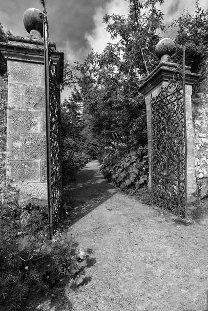 Ferforje tam boy Bahçe kapısı ve tuğla duvar eski siyah bir - Fotoğraf, Görsel